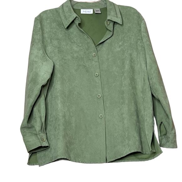 studio works petite textured apple green button front shirt Cuff sleeve sz pl - Picture 2 of 11